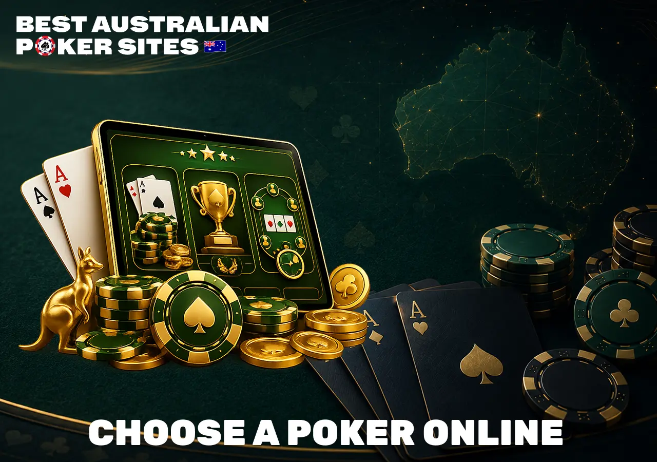 Poker room selection illustration showing game styles, rewards and online poker options